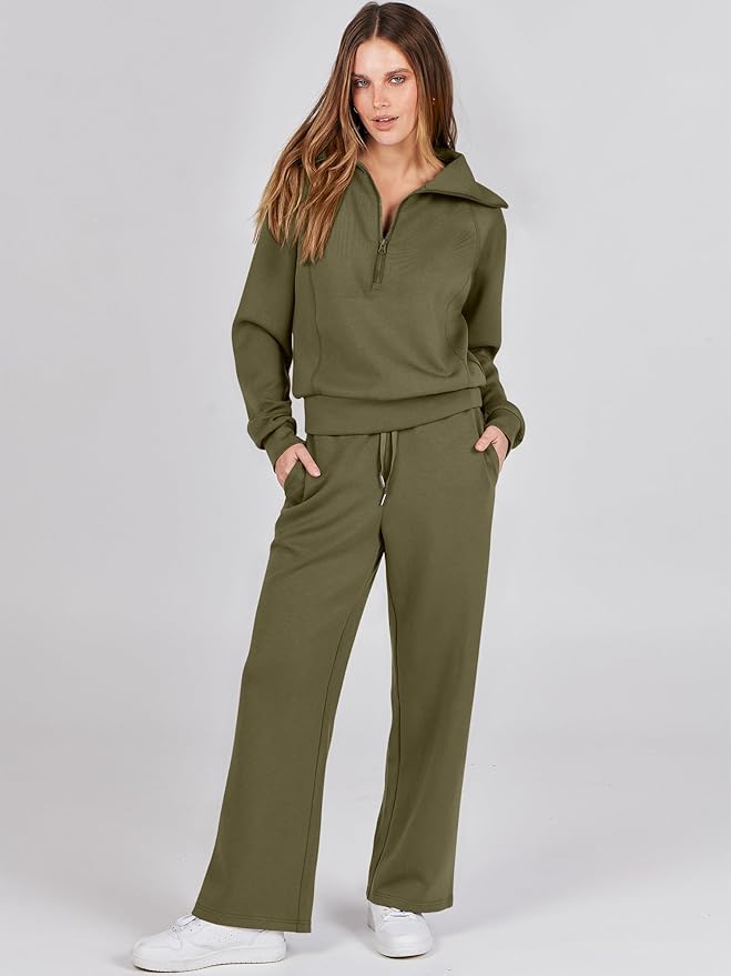 ANRABESS Women 2 Piece Outfits 2025 Fall Fashion Airport Wide Leg Pants Lounge Set Leisure Travel Vacation Clothes Sweatsuits