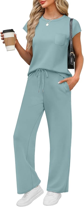 WIHOLL 2 Piece Sets for Women Casual Summer Travel Vacation Outfits Cap Sleeve Lounge Set