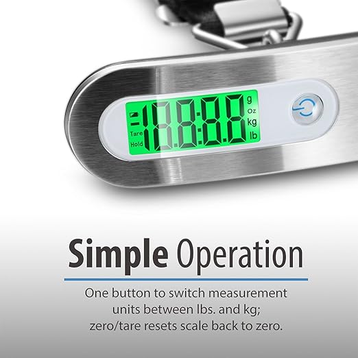 Fosmon Digital Luggage Scale, Digitial LCD Display Backlight Baggage Scale with 110lbs Capacity, Portable Stainless Steel Hanging Luggage Weight Scale with Tare Function for Travelers - Silver
