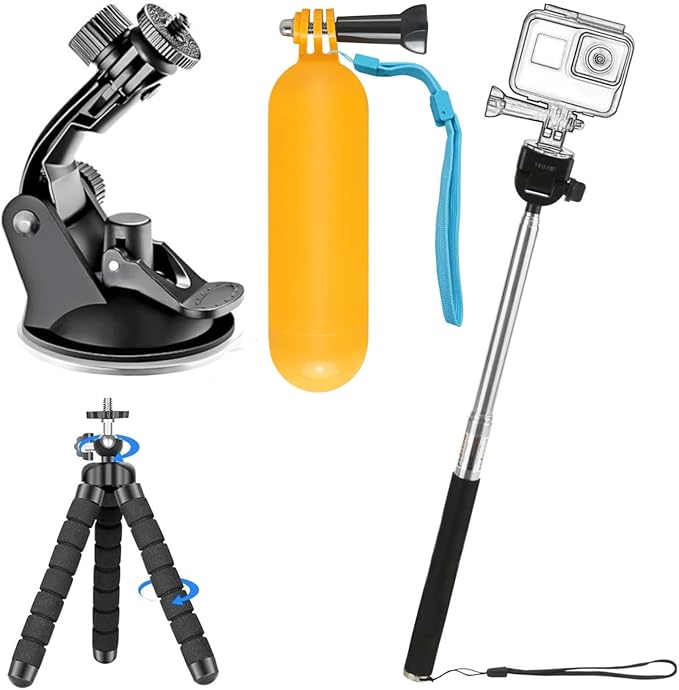 Accessories Kit for Action Camera, Handheld Selfie Stick + Suction Cup Mount + Floating Handle Grip + Flexible Octopus Tripod, Universal Action Camera Bundle for Recording VLOG/POV