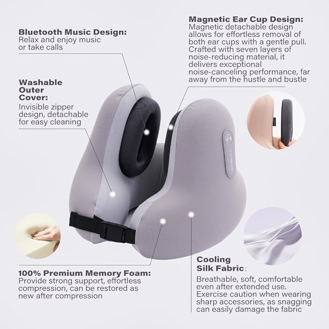 Neck Travel Pillows for Airplanes with Bluetooth, Premium Memory Foam Neck Pillow, Noise Reducing Travel Pillow for Long Flight, Office, Cars, Home, Sleeping and Rest, Gray