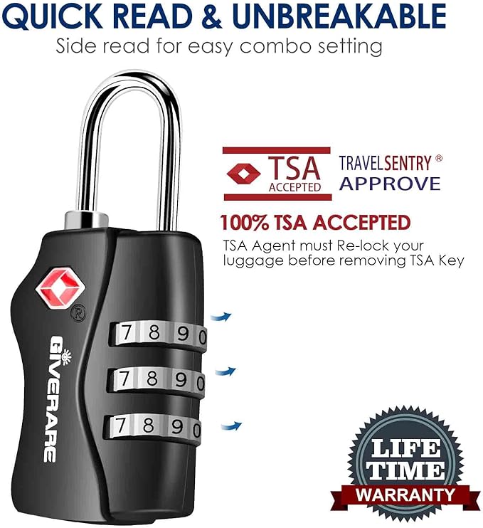 2 Pack TSA Approved Travel Luggage Locks, Combination Lock Keyless, 3-Digit Padlocks, Travel Sentry Accepted Compatible Padlock for Gym Locker, Golf Bag Case, Backpack, Black-by GIVERARE