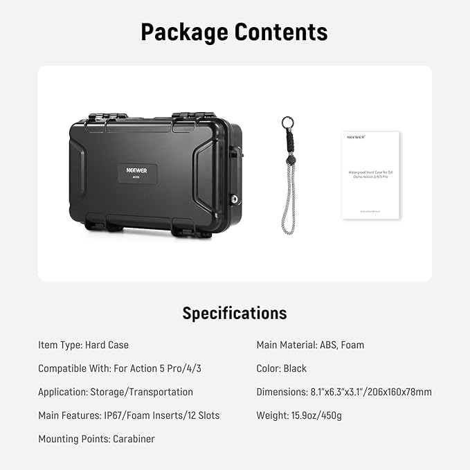 NEEWER Hard Case Compatible with DJI Osmo Action 5 Pro / 4/3 Camera, IP67 Waterproof Dustproof Shockproof Portable Travel Storage Case with Custom Foam Inserts & 12 Slots for Accessories, AC031
