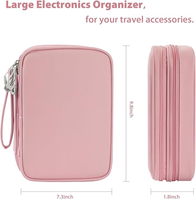 Travel Accessories Case for Women, Large Cord Organizer Bag for Airplane Essentials & Tech Electronics, 2 Layers (Pink)