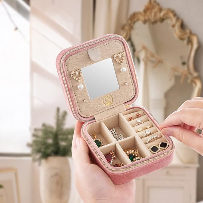 ZPROW Plush Velvet Travel Jewelry Case, Travel Jewelry Organizer, Jewelry Travel Case, Travel Jewelry Box, Small Jewelry Case, Jewelry Travel Box, Earring Organizer with Mirror - Pink 4packs