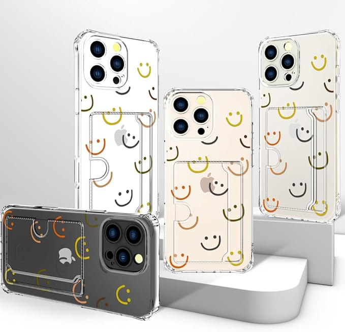 Compatible with iPhone 16 Pro Case Card Holder for Women Cute Design,Wallet Phone Cases Transparent Cool Kawaii Protective (Clear Smiley Face)