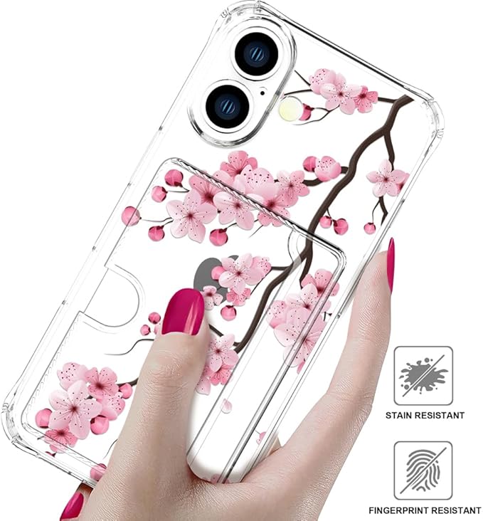 Compatible with iPhone 17 Case Card Holder for Women Cute Design,Wallet Phone Cases Transparent Cool Kawaii Protective (Clear Sakura Peach Cherry)