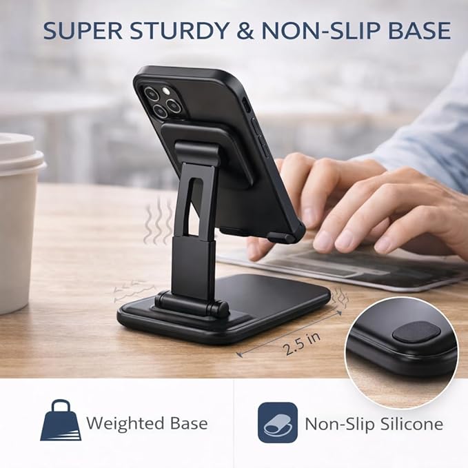 Mizi Portable Cell Phone Stand for Desk - Height & Angle Adjustable Mobile Foldable Holder, Compatible with iPhone 17 16 15 14 13 12 11 Pro Max, Galaxy S25 S24, All 4–10" Devices - Black