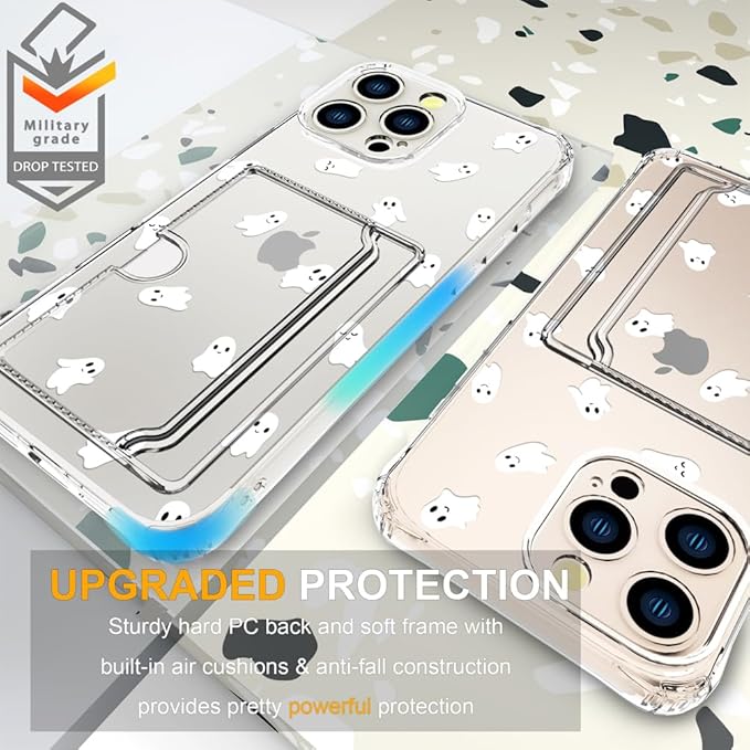 Compatible with iPhone 16 Pro Case Card Holder for Women Cute Design,Wallet Phone Cases Transparent Cool Kawaii Protective (Clear Ghosts Halloween Hallowmas)