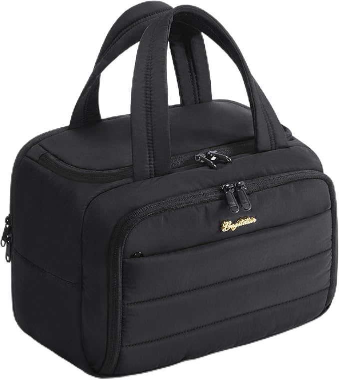 Bagstellar Travel Toiletry Bag for Women, Lightweight Large Quilted Puffy Makeup Bag Wide-open Make up Organizer Cloud Cosmetic Bag w/Handle for Traveling, Toiletries, Essentials, Accessories, Black