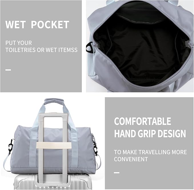 Travel Duffle Bag,Sport Gym Bag for Men And Women with Wet Pocket,Weekender Bag Carry On Tote Bags for Airplane Light Grey