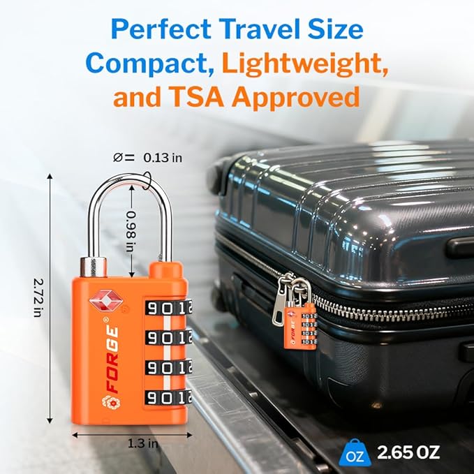 Forge Dual-Opening: Key or Combination Lock, TSA Approved Lock for Luggage, Pelican case, Travel, Gym, School, Luggage Combination Lock, Travel Bag Lock (Orange 2 Pk)