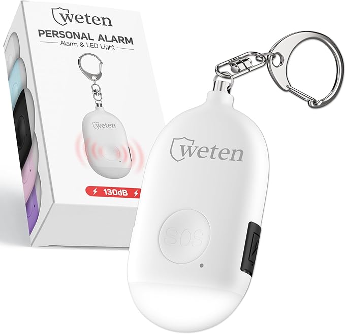 Weten Rechargeable Personal Alarm Keychain - 130dB Siren & LED Light - Stylish Personal Safety Alert for Women to Carry - Panic Button Alarm for Security - Rape Whistle for Self Defense (White)