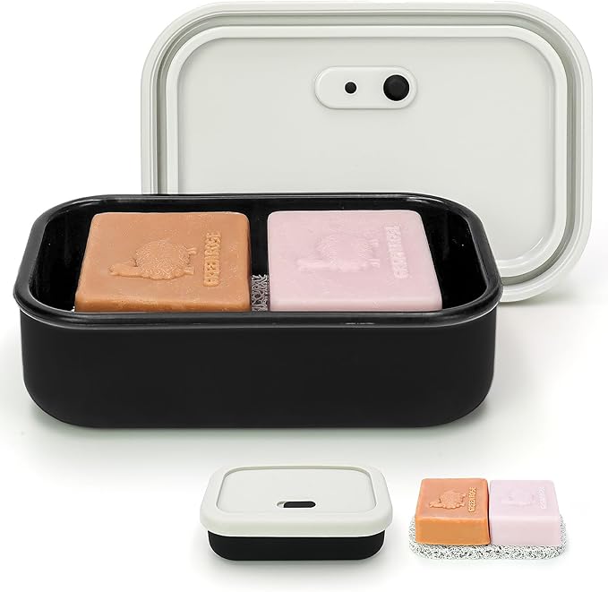 AIDIMMING Large Leak Proof Travel Soap Case, Silicone Bar Soap Holder for Traveling, Portable Soap Container with Draining Layer (Offwhite&Bla