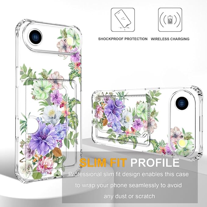 Compatible with iPhone 17 Air Case Card Holder for Women Cute Design,Wallet Phone Cases Transparent Cool Kawaii Protective (Clear Impressive Flowers)