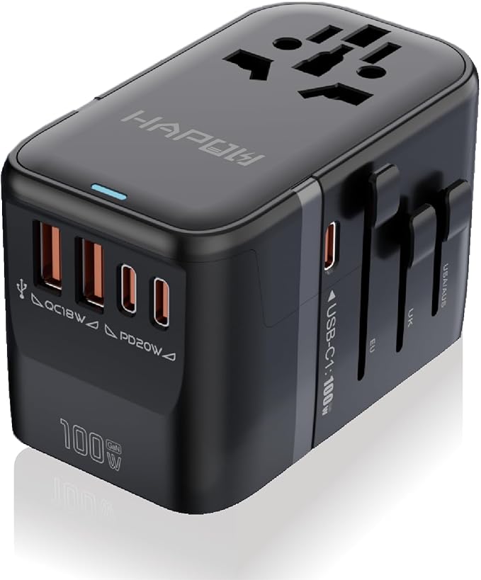 HAPOW Universal Travel Adapter, PD100W International Power Adapter,3 USB-C & 2 USB-A Fast Charging Travel Charger, All in One Worldwide Travel Plug Adapter, Outlet Adapter for EU UK USA AU, Black