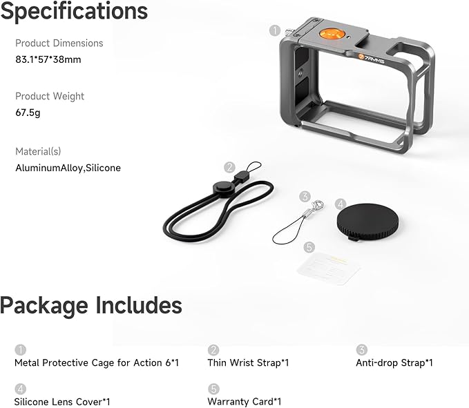 7RYMS 7RIG SC1 Action Camera Cases for DJI Osmo Action 6, Full Metal Protective Frame with Lens Cover, Wrist Strap, Cold Shoe, 1/4" Screw, DJI Osmo Action 6 Accessories for Cycling, Climbing, Skiing