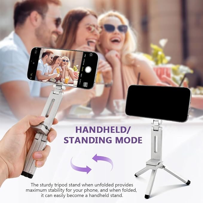Magnetic Tripod for Phone,360° Rotating Phone Tripod Stand,Adjustable,Clipable,Foldable and Triangular Fixing Airplane Travel Essentials Phones Holder for Phones(Silver,Size:19 * 16cm)