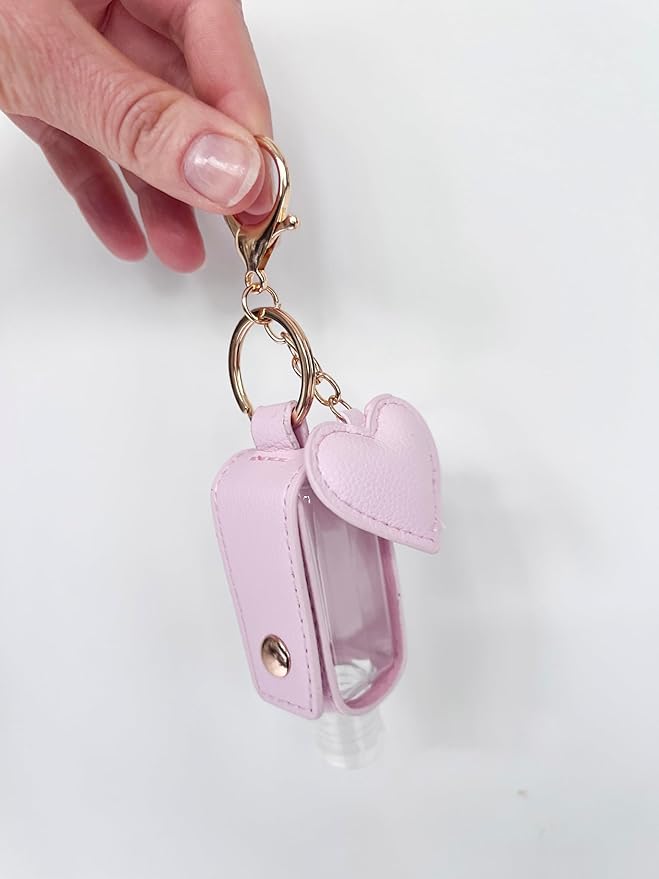 Keychain Travle Size Empty squeeze Bottle Holder for 1oz of Shampoo, Lotion, Soap or Hand Sanitizer in vegan leather. (Heart, Pink), Small