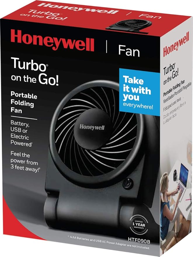 Honeywell HTF090B Turbo On-the-Go Personal Fan, Black – Small Portable Fan for Travel