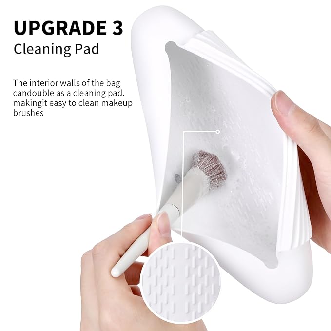 AGIKET Silicone Makeup Brush Holder Travel Cosmetic Bag：Soft Portable Cosmetic Face Brushes Holder with Upgrade Anti-Fall Out Magnetic Closure, Large Travel Makeup Brush Case - White