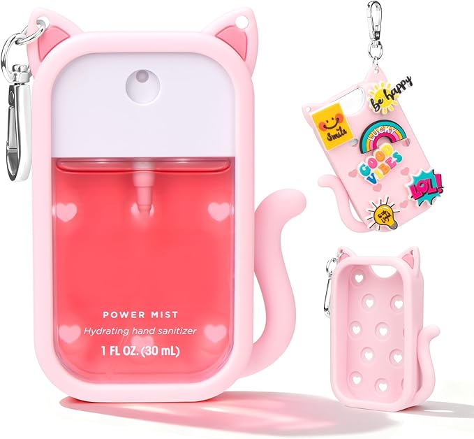 Cat Silicone Case for Touchland Hand Sanitizer Spray with Keychain, Compatible with Power Mist & Glow Mist 1 FL Oz/30ML for Touchland Case, with Charms Accessory Cute Travel Cover Sleeve Pink