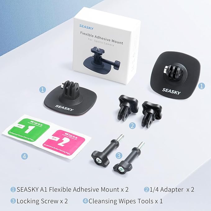 SEASKY [ 2Pack A1 Flexible Adhesive Helmet Mount use Genuine 3M for GoPro Hero13/12/11/10/9/8 Max DJI Action 5 Pro 4 3 Insta360 X5 X4 X3 Ace Pro 2 Sports Camera Accessories Flat Curved Surfaces
