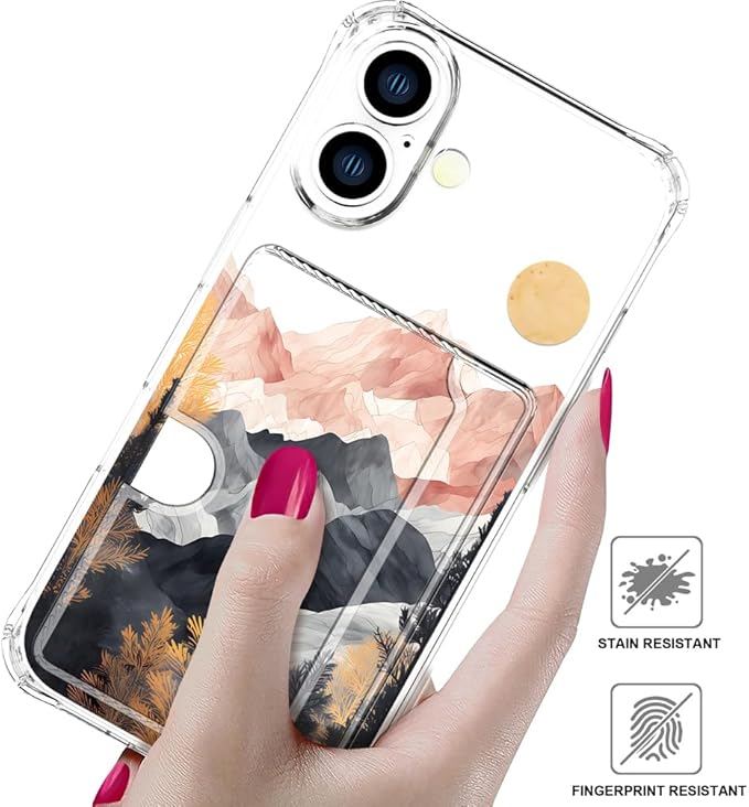Compatible with iPhone 16 Plus Case Card Holder for Women Cute Design,Wallet Phone Cases Transparent Cool Kawaii Protective (Clear Mountain Hill Landscape)