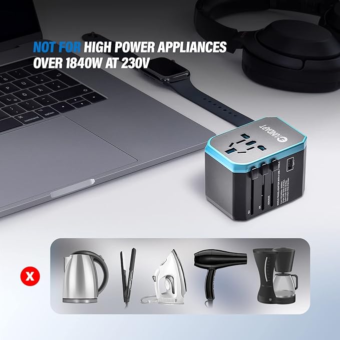 Universal Travel Adapter for Europe and International Travel from USA, Type C EU/Type G UK/Type I AU/Type A US, 1 AC Outlet, 1 USB-C and 4 USB-A Ports, Unidapt Travel Plug Adapter