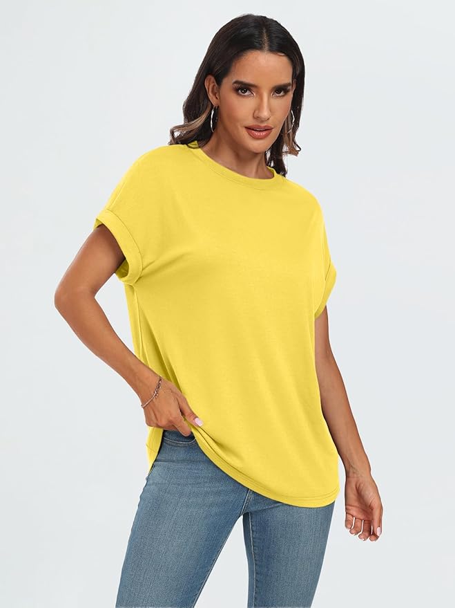 AUTOMET Women's Oversized Short Sleeve T Shirts Casual Drop Shoulder Rolled Cuff Summer Tops for Work, Travel and Lounge