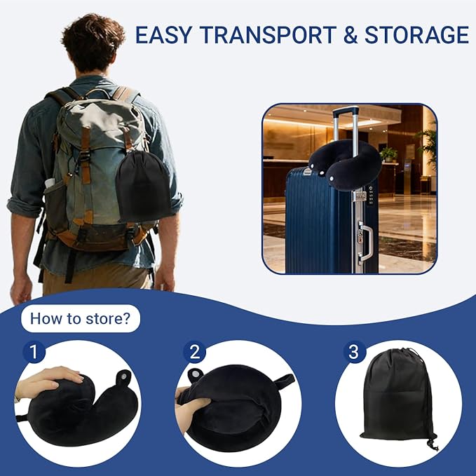 Travel Pillow with Removable Large Hood, Memory Foam Neck Pillow for Airplane, Car, Train Travel Sleeping & Rest, with Soft Cover (Black)