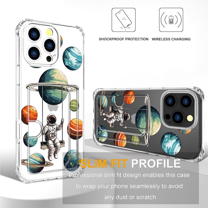 Compatible with iPhone 16 Pro Case Card Holder for Women Cute Design,Wallet Phone Cases Transparent Cool Kawaii Protective (Clear Astronaut Space Planets)