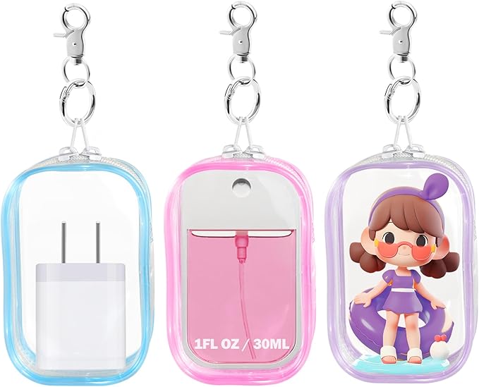 Hand Sanitizer Spray Clear Case for 1FL OZ/30ml, 3 Pack Hand Sanitizer Holder Zippered Pouch, Mini Clear Makeup Bag, Figures Display Bag, with Keychain Snap Hook (Pink & Blue & Purple)