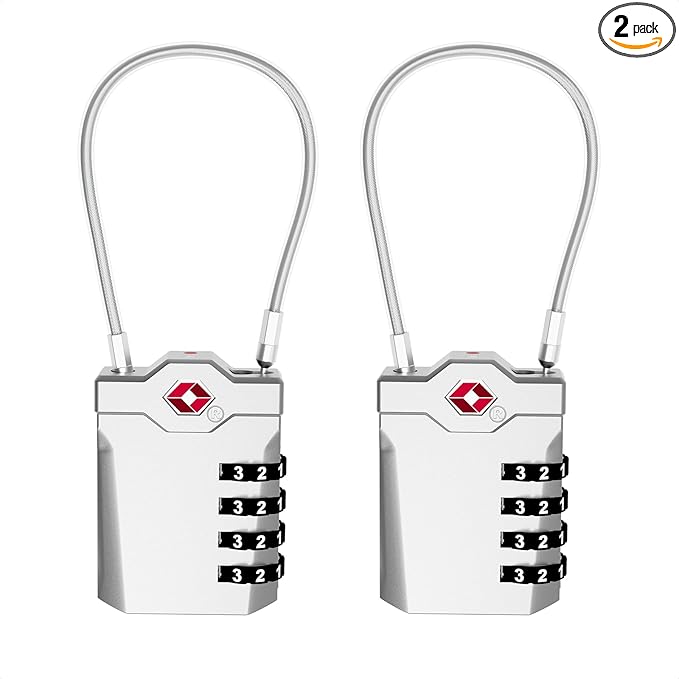 TSA Approved Locks for Luggage, 2 Pack Combination Travel Steel Cable Lock, Re-settable 4 Digit Padlocks with Inspection Indicator, Alloy Body Keyless Padlock for Lockers, Backpacks, Bags - Silver