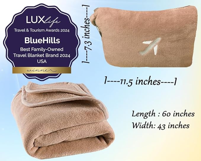 BlueHills Soft 2 Pack Travel Blankets Mini Set of 2 - Premium Airplane Travel Essential Flight Blanket Throw in a case with Strap Compact for Car Plane Travel Gift – Gray and Beige.