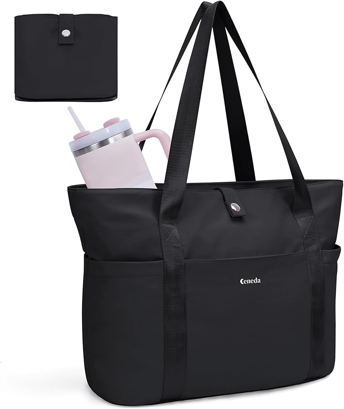 Ceneda Foldable Tote Bag for Women, Lightweight Work Bag with Dual Inner Cup Holders, Daily Handbag for Travel, Gym, Grocery | 40oz Tumbler Holder, Well-organized, Portable, Durable, 21L Large Capacity, Beach/Shopping/Trips, Ideal Gift for Her