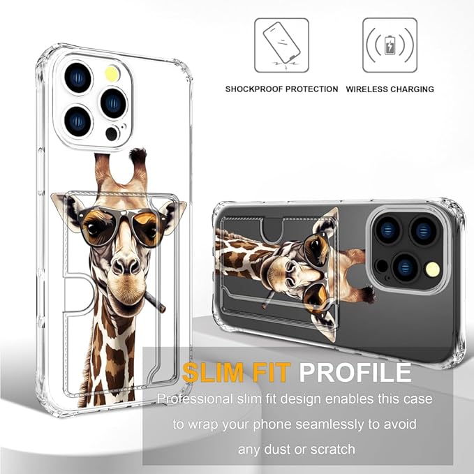 Compatible with iPhone 16 Pro Case Card Holder for Women Cute Design,Wallet Phone Cases Transparent Cool Kawaii Protective (Clear Giraffe Smoking Animal)