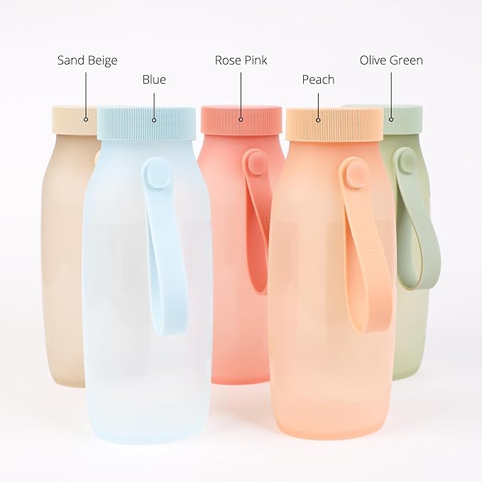 BLUE GINKGO Collapsible Water Bottle [2-Pack] – Lightweight, Foldable Silicone Bottles for Travel, Hiking, and Camping (16.9oz, Made in Korea, Sand Beige)