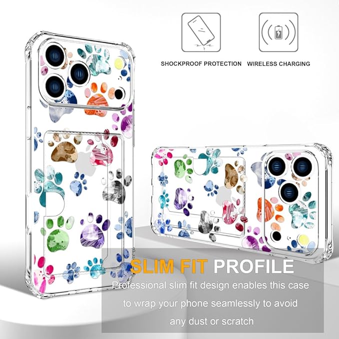 Compatible with iPhone 17 Pro Case Card Holder for Women Cute Design,Wallet Phone Cases Transparent Cool Kawaii Protective (Clear Lovely Dogs Paws)