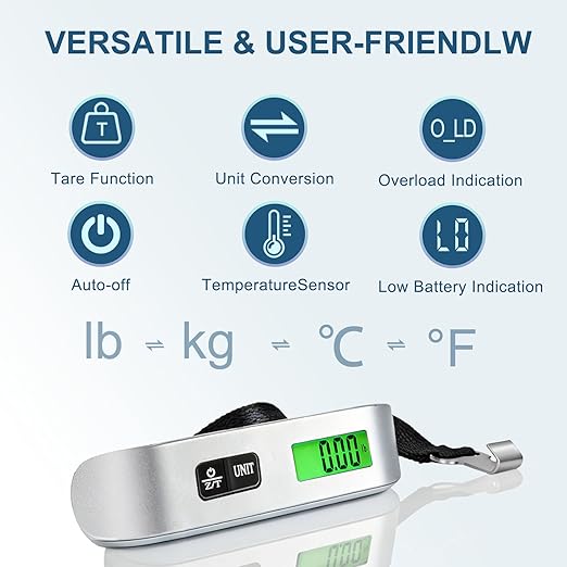Digital Luggage Scale, 110lb Suitcase Weight Scale for Travel with Backlit LCD Display, 4-Unit Switching, Portable Hanging Baggage Scale for Luggage, Backpacks, Packages (Battery Included)