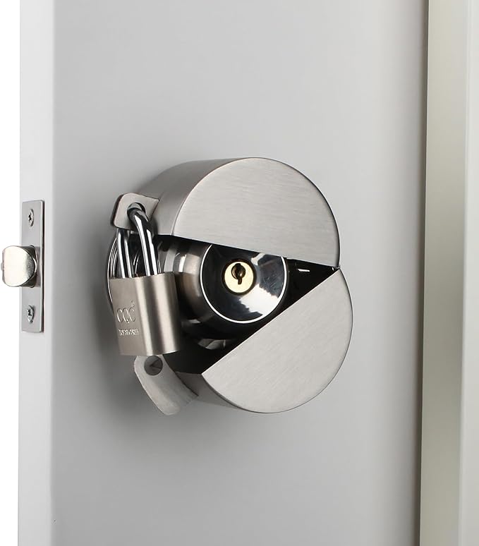 Door Knob Lockout Device with Padlock, Metallic Stainless Steel Locking Cover to Disable Doorknob, Prevents Turning of Door Knob and Access to Keyhole, Prevents Operating The Knob