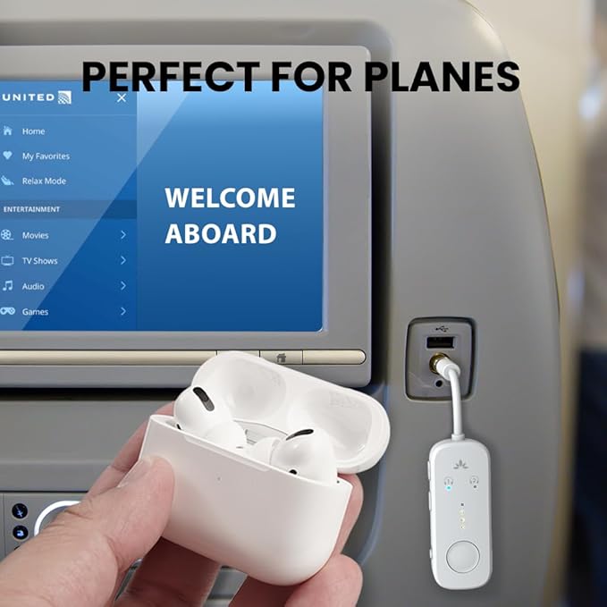 Avantree Relay - Premium Airplane Bluetooth Adapter with Advanced Qualcomm Chipset, 2 Headphones Support, 25hrs Play Time, aptX Adaptive & HD Audio Transmitter for Airpods, Bose & Travel Flight