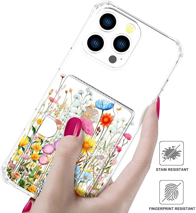 Compatible with iPhone 16 Pro Case Card Holder for Women Cute Design,Wallet Phone Cases Transparent Cool Kawaii Protective (Clear Flowers Herbs Wild Plants)
