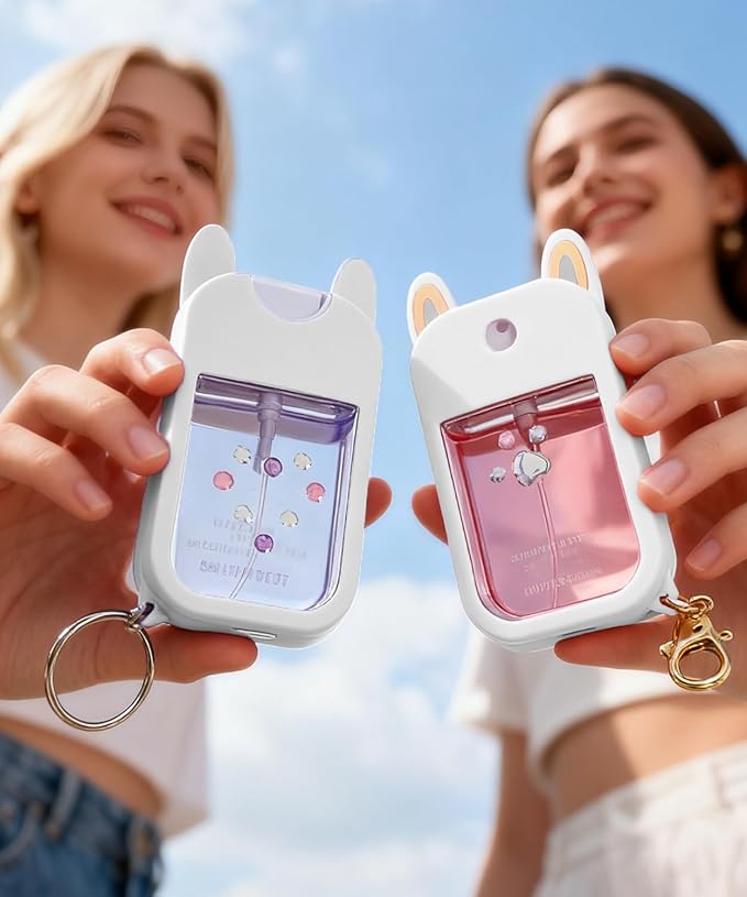 Hand Sanitizer Spray Silicone Case Compatible with Touchland 1 FL. OZ./30 mL, Cute Ears Design Hand Sanitizer Mist Accessory with Keychain (White, 1 Pack)