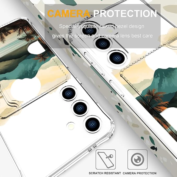 Compatible with Samsung Galaxy S24+ Plus / S25+ Plus Case Card Holder for Women Cute Design,Wallet Phone Cases Transparent Cool Kawaii Protective (Clear Ocean Sun Mountains Sunset)