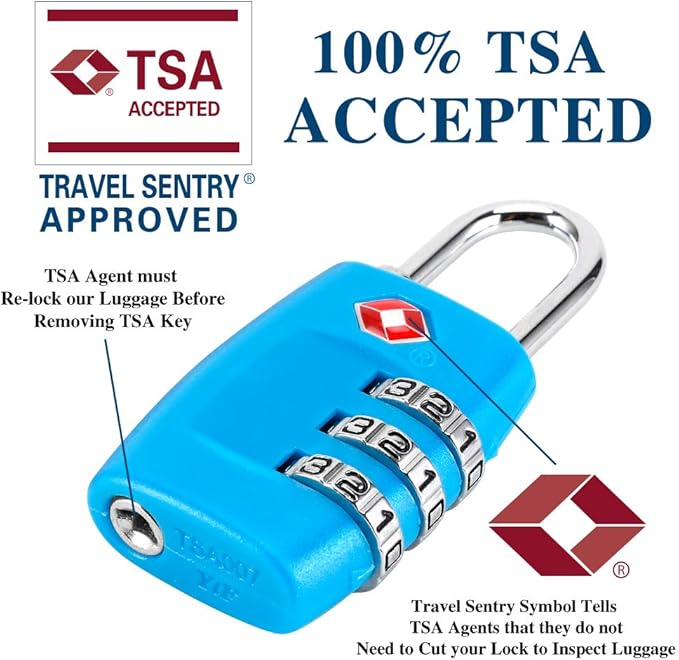 TSA Luggage Locks (4Pack) - 3 Digit Combination Padlocks - Approved Travel Lock for Suitcases & Baggage (Blue)