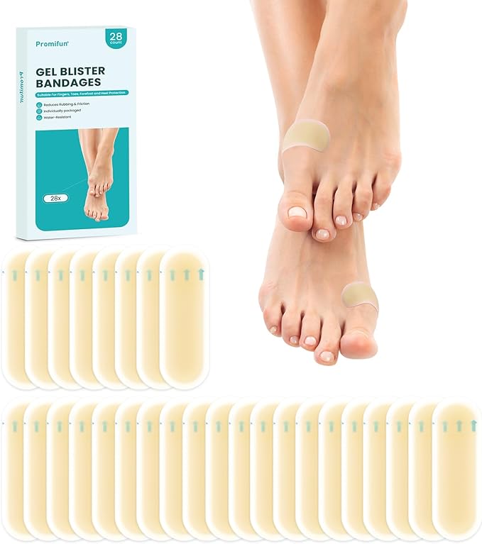 Promifun Blister Bandages - 28 ct Hydrocolloid Cushions for Foot, Toe, Heel - Water Resistant Gel Pads for Prevention & Recovery, Bunion Pack