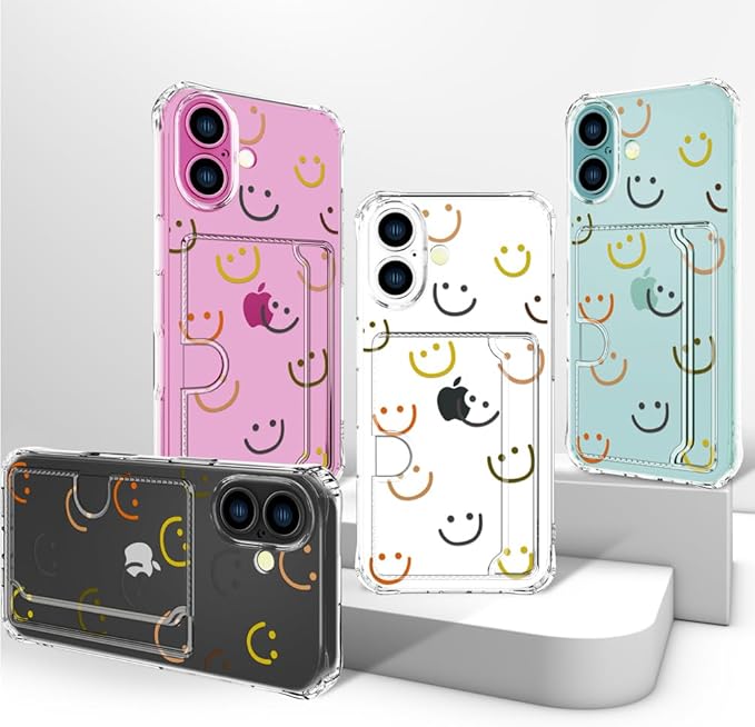 Compatible with iPhone 16 Case Card Holder for Women Cute Design,Wallet Phone Cases Transparent Cool Kawaii Protective (Clear Smiley Face)