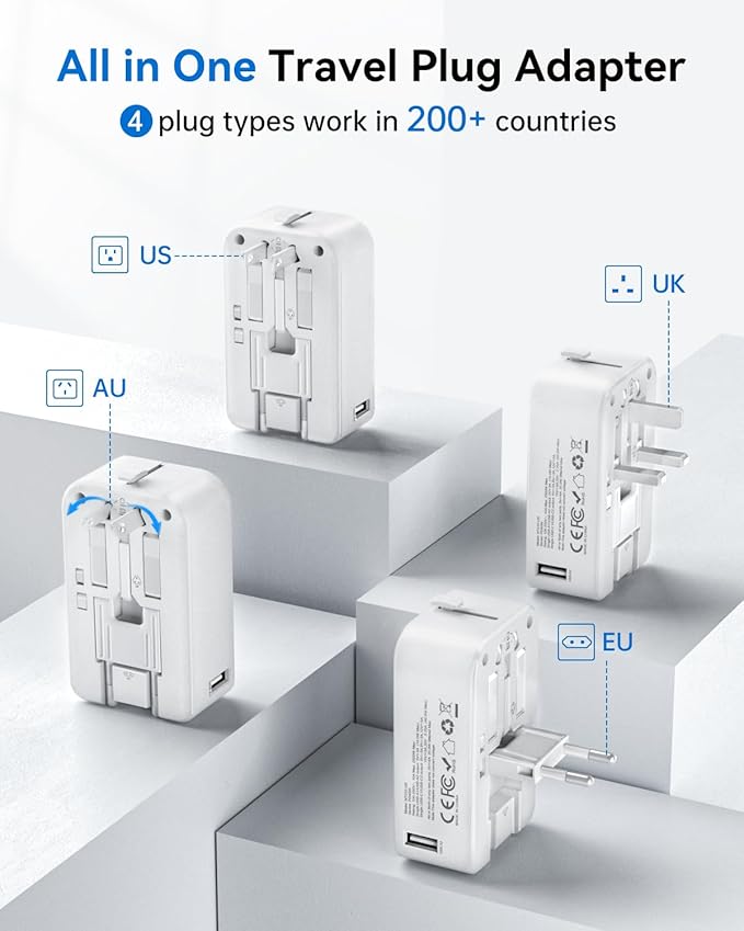 DOACE Pico Travel Adapter PD 45W, 5-Port Universal Power Adapter 1 AC, 2 USB C and 2 USB-A, International Plug Adaptor Worldwide for US to European UK Italy Spain New Zealand Over 200 Countries