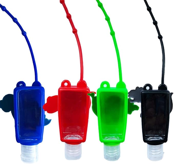 4Pcs Cartoon Kids Empty Travel Bottles Hand Sanitizer Holder with Silicone Case Keychain Carrier, Leak Proof Refillable Portable Travel Containers for Liquid Soap, Lotion (Dinosaur)